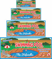 Personalized swimming pool sign with chaise lounge, life preserver, and beach ball, featuring editable text