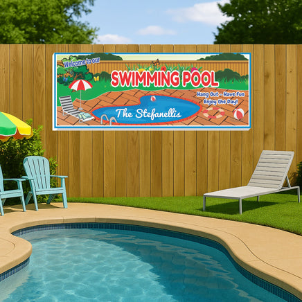 Swimming pool with a personalized pool sign on a wooden fence