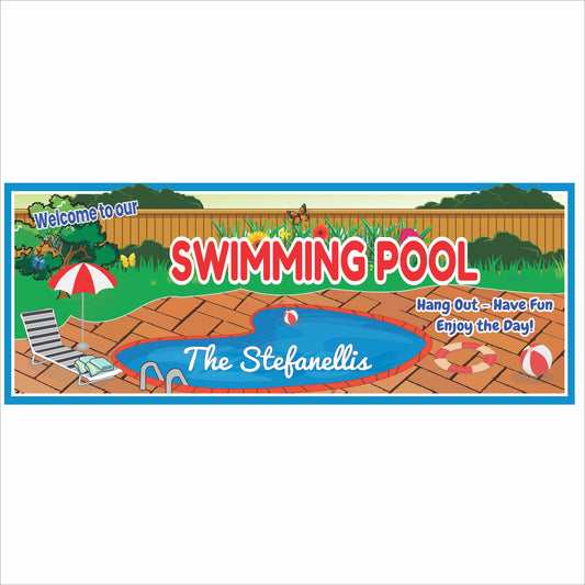 personalized swimming pool sign with bright backyard pool illustration and editable text