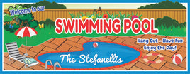 Editable personalized swimming pool sign with red umbrella, lounge chair, pool, and custom family name text