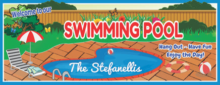 Editable personalized swimming pool sign with red umbrella, lounge chair, pool, and custom family name text