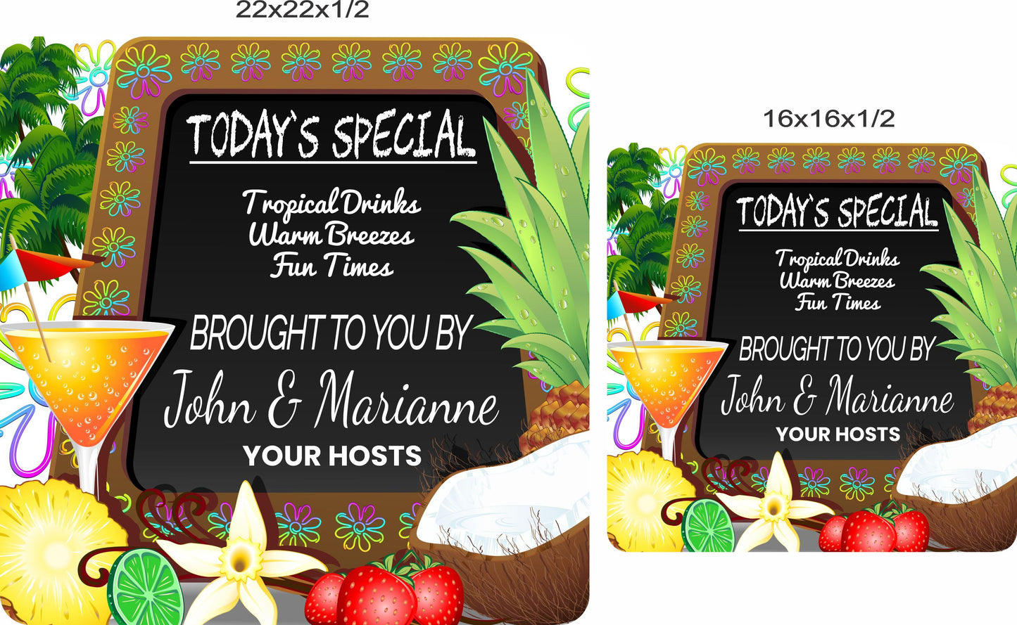 Tropical bar sign shown in 16x16 and 22x22 inch size options