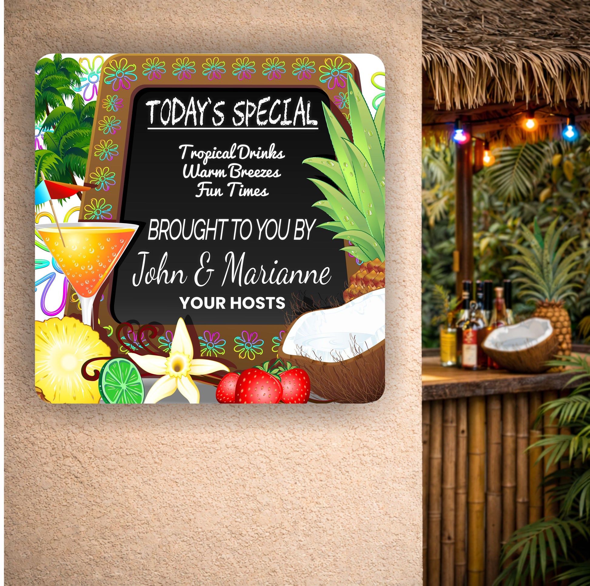Tropical bar sign displayed on an outdoor tiki bar wall with palm decor and cocktails