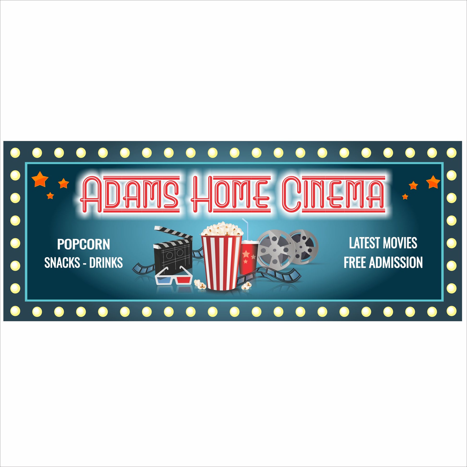 Personalized home cinema sign with marquee-style movie theater design printed on rigid PVC