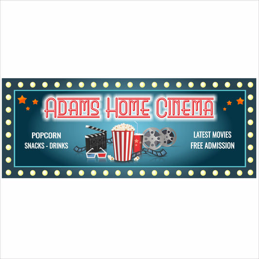 Personalized home cinema sign with marquee-style movie theater design printed on rigid PVC