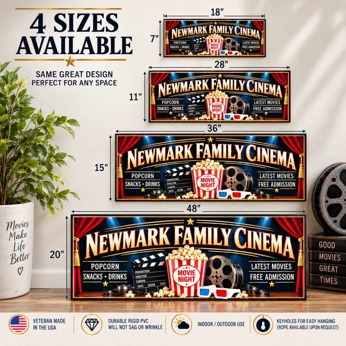 Four-size infographic showing 18×7, 28×11, 36×15 and 48×20 personalized cinema signs