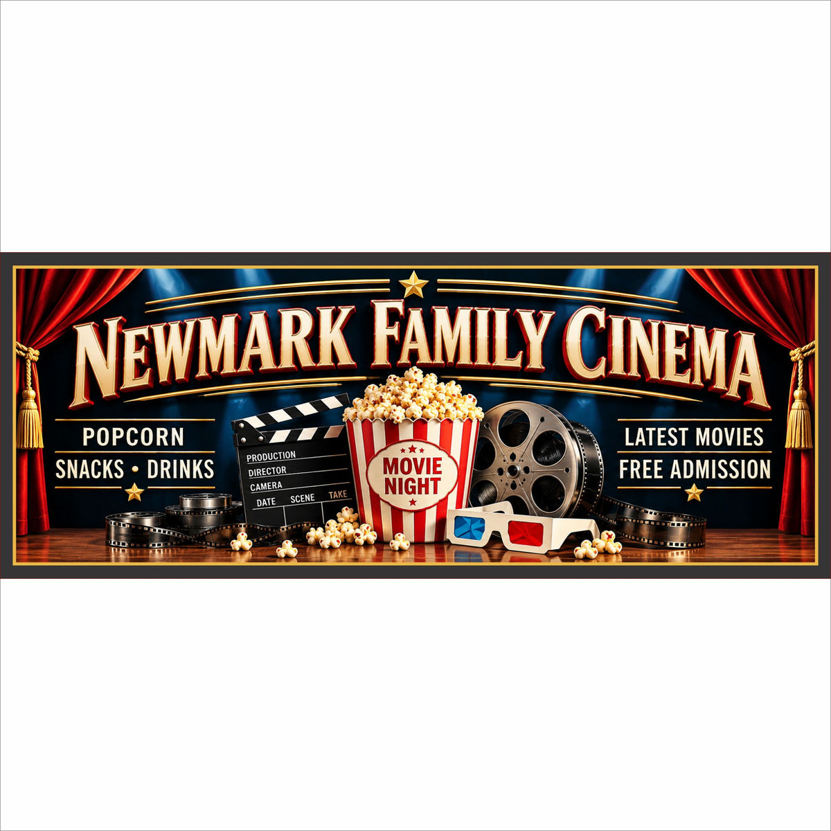 Personalized Newmark Family Cinema sign with popcorn, film reel, clapperboard, red curtains and movie-night graphics.