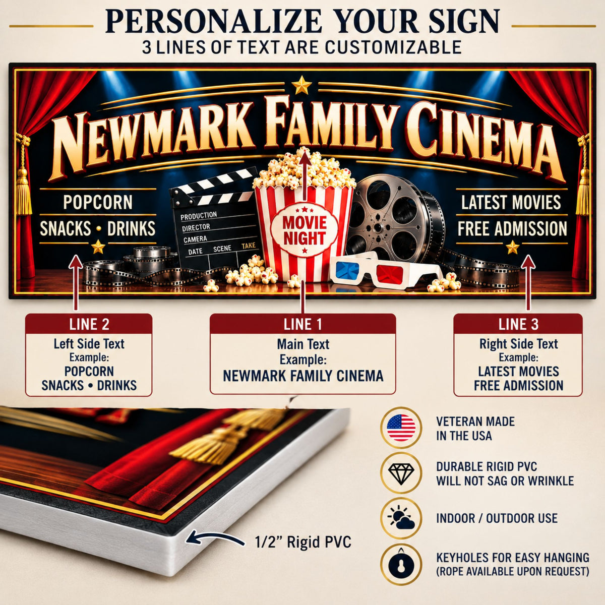 Personalization infographic showing three customizable text areas and 1/2-inch rigid PVC construction.