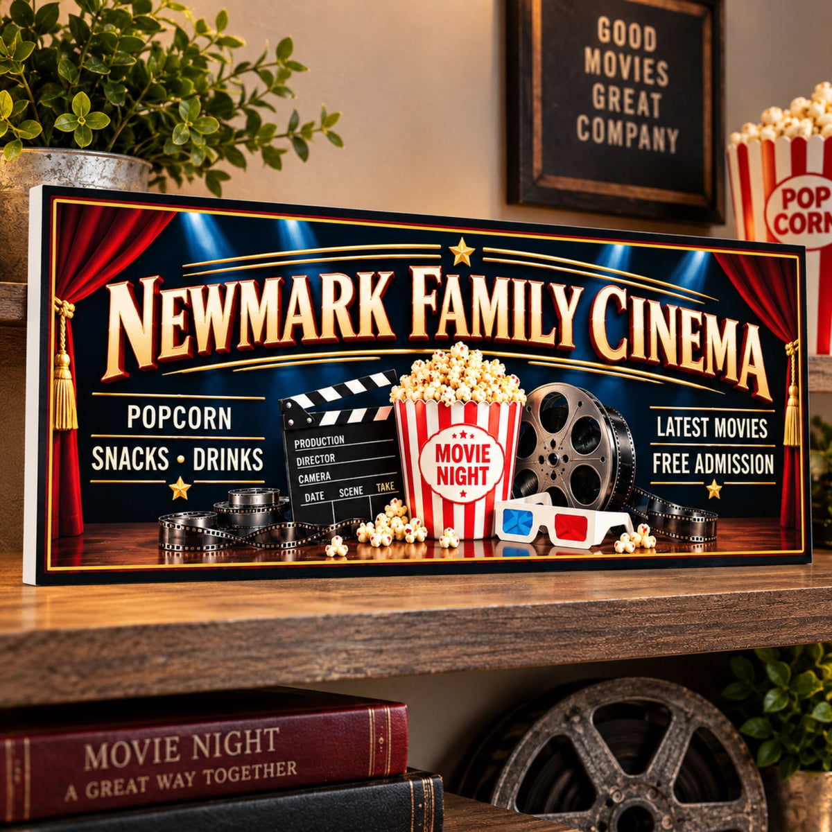 Personalized family cinema sign displayed on a shelf with movie decor and subtle white rigid PVC edge visible.