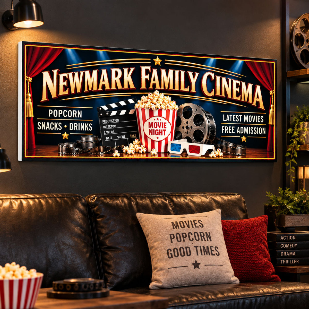 Custom family cinema sign displayed on a home theater wall above a leather sofa.