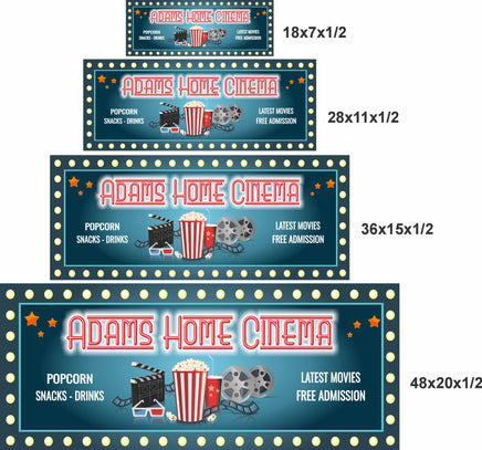 Personalized home cinema sign shown in four available sizes from 18x7 to 48x20 inches