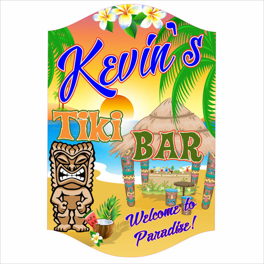 Personalized tiki bar sign with tropical hut, palm trees, and custom bar name