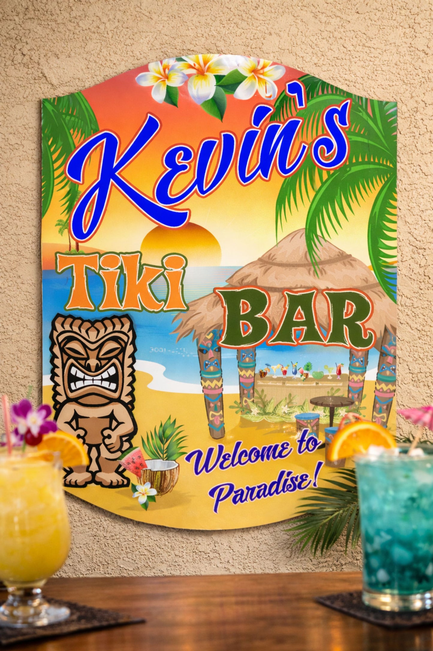 Tiki bar wall sign displayed in island-style home bar setting