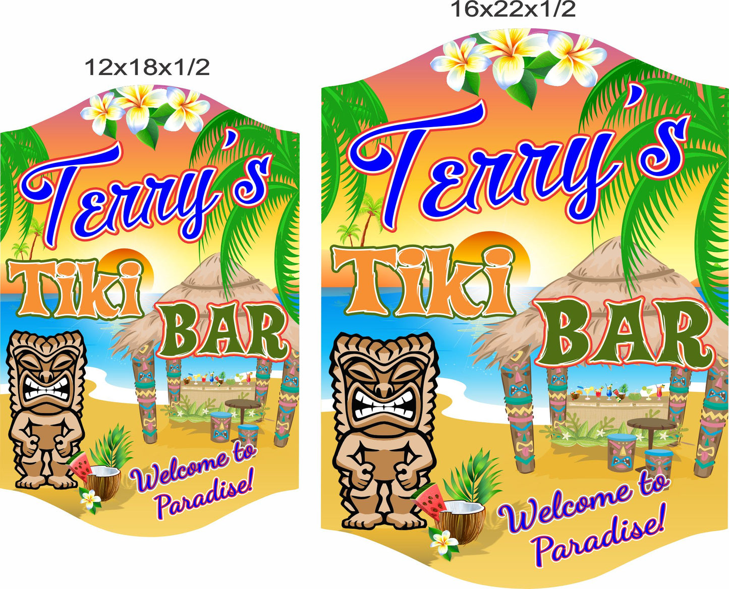 Tiki bar sign shown in 12x18 and 16x22 size options for scale reference