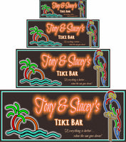 Personalized tiki bar sign with neon-effect font, tropical theme, parrot, and palm tree, featuring editable text, does not light up