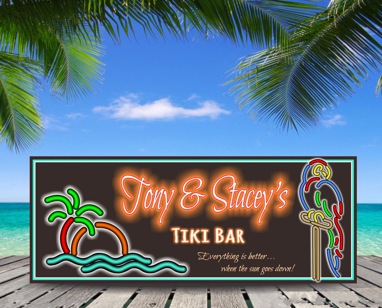 Personalized tiki bar sign mounted outdoors with palm trees and ocean backdrop