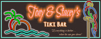 Personalized tiki bar sign with neon-effect font, tropical theme, parrot, and palm tree, featuring editable text, does not light up