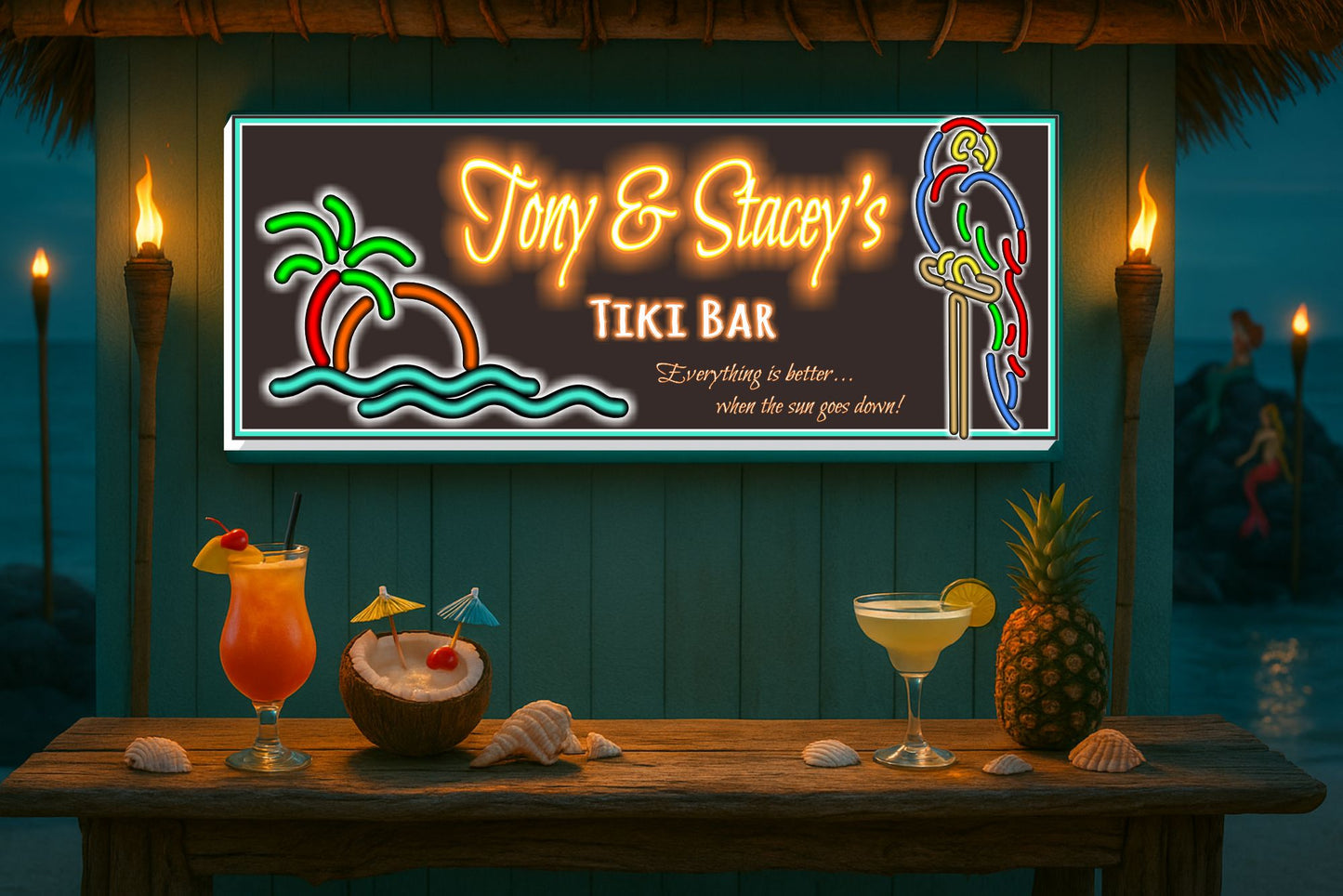 Custom tiki bar sign displayed above a tropical home bar with cocktails