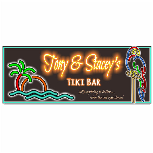 Personalized tiki bar sign with neon-style tropical design printed on rigid PVC