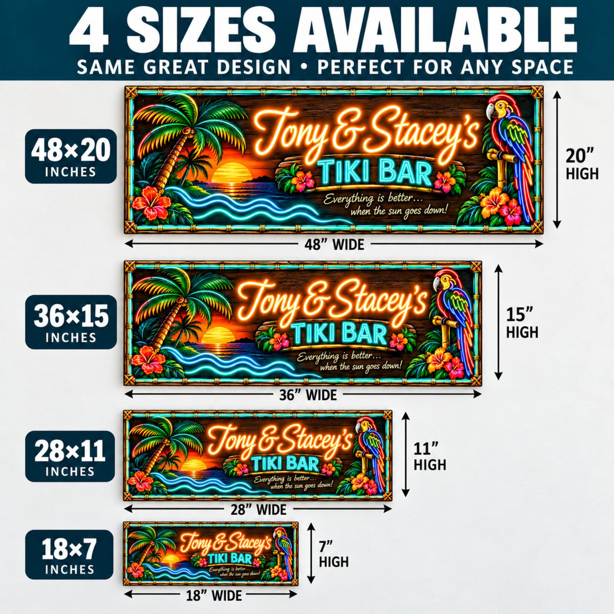 Four-size infographic showing the personalized Tiki Bar sign in 18×7, 28×11, 36×15 and 48×20 sizes.