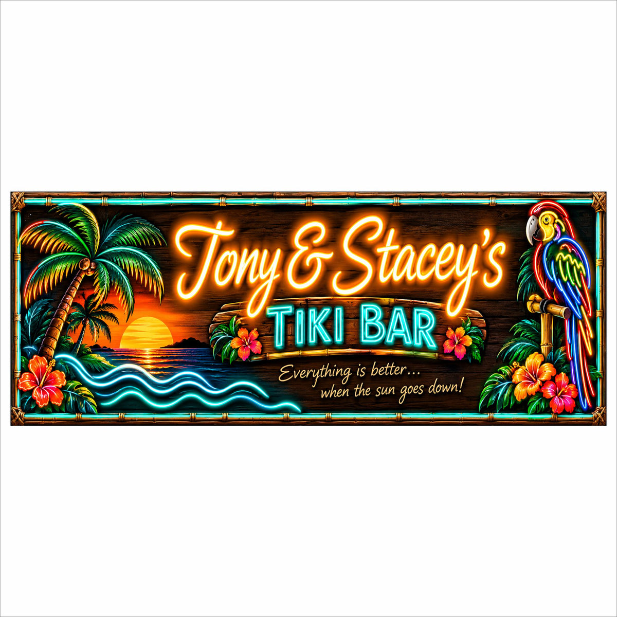 Personalized tropical Tiki Bar sign with printed neon-style effects, sunset, palm trees, parrot and flowers; sign does not light up.