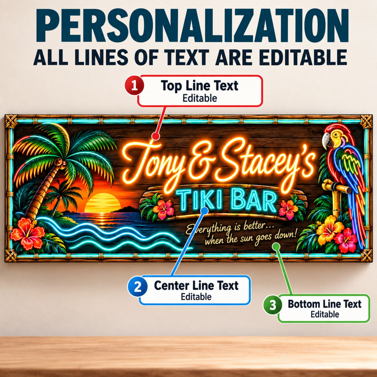 Personalization infographic showing that all three lines of text on the custom Tiki Bar sign are editable.
