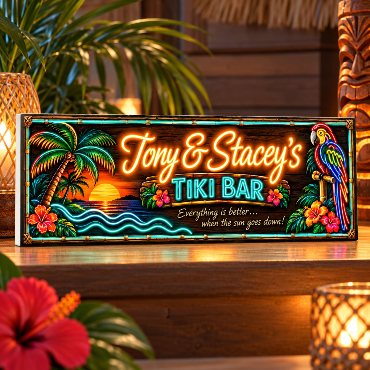 Personalized tropical Tiki Bar sign displayed in a warm home bar setting with colorful printed neon-style artwork.