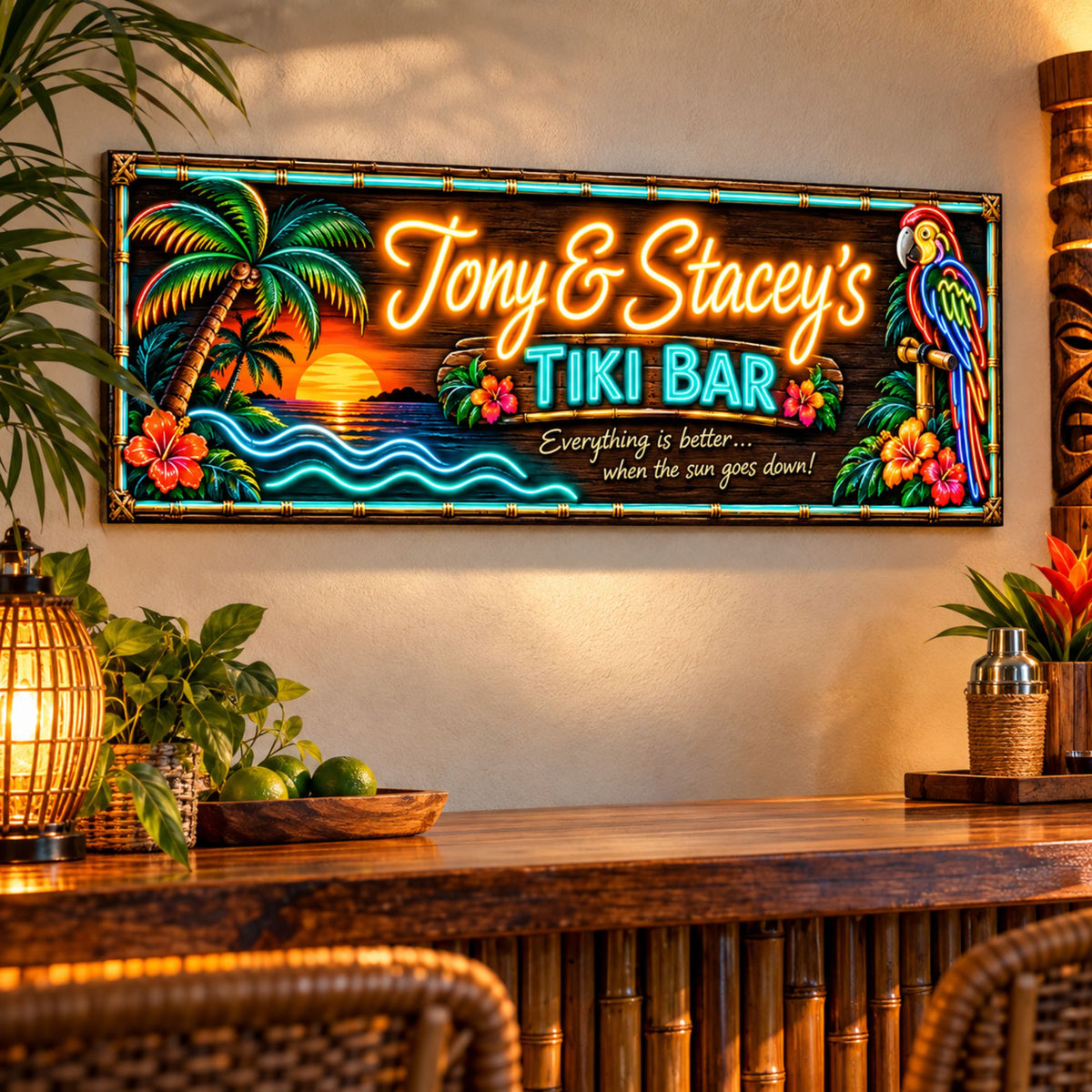 Custom tropical Tiki Bar wall sign displayed above a bamboo home bar with island-inspired decor.