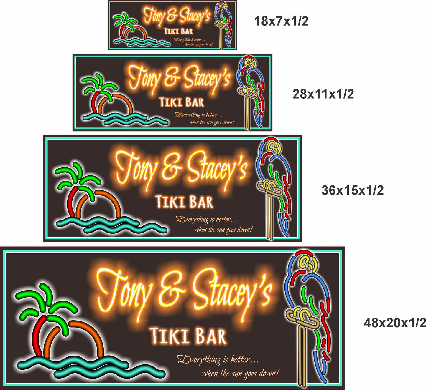 Personalized tiki bar sign shown in four available sizes from 18x7 to 48x20 inches

Back view image