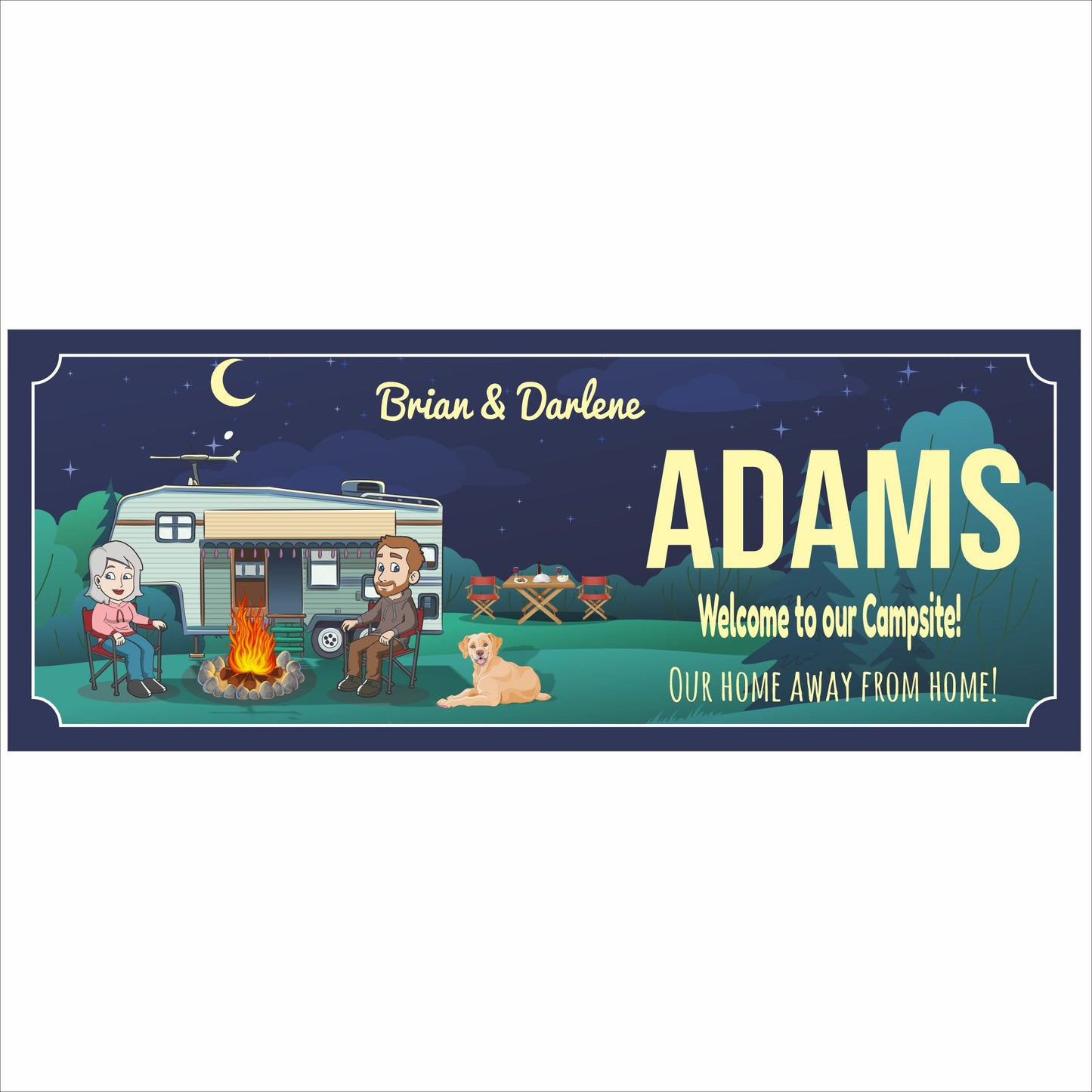 Personalized campsite sign with RV, campfire, and family name artwork