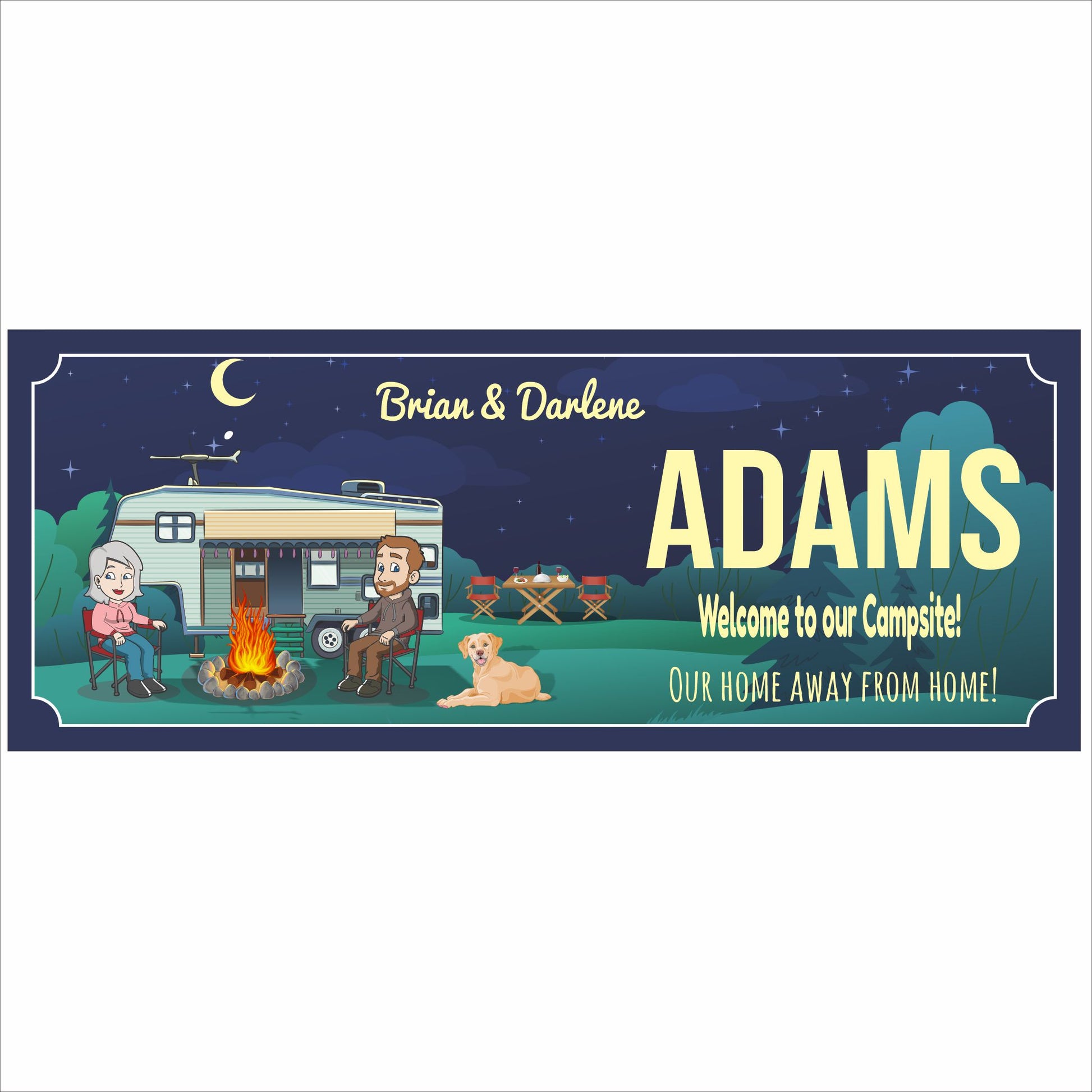 Personalized campsite sign with RV, campfire, and family name artwork