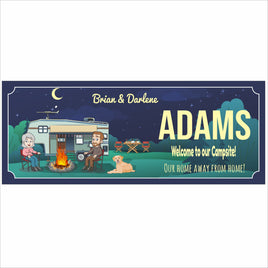 Personalized campsite sign with RV, campfire, and family name artwork