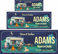 Custom RV camper sign featuring a cartoon couple, campfire, and picnic table with editable text