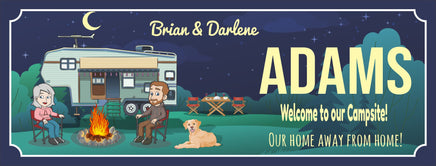 Custom RV camper sign featuring a cartoon couple, campfire, and picnic table with editable text