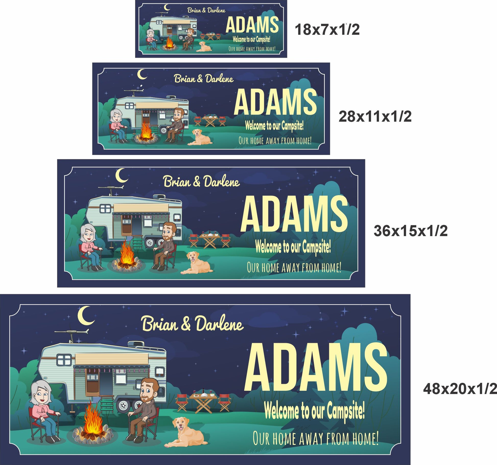 Campsite welcome sign shown in four available sizes