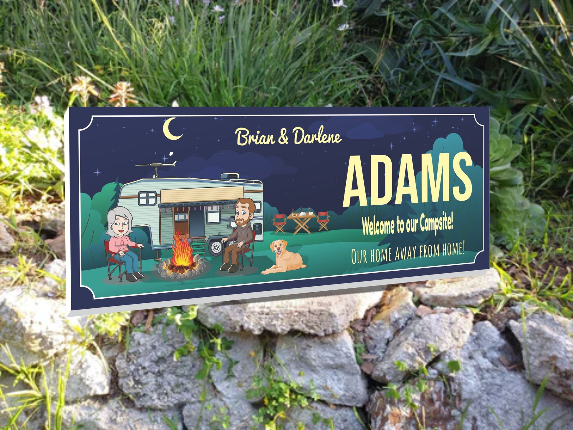 Personalized RV campsite sign displayed on a stone wall