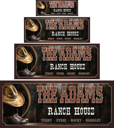 Personalized western sign featuring a cowboy hat, boots, and lasso with editable text