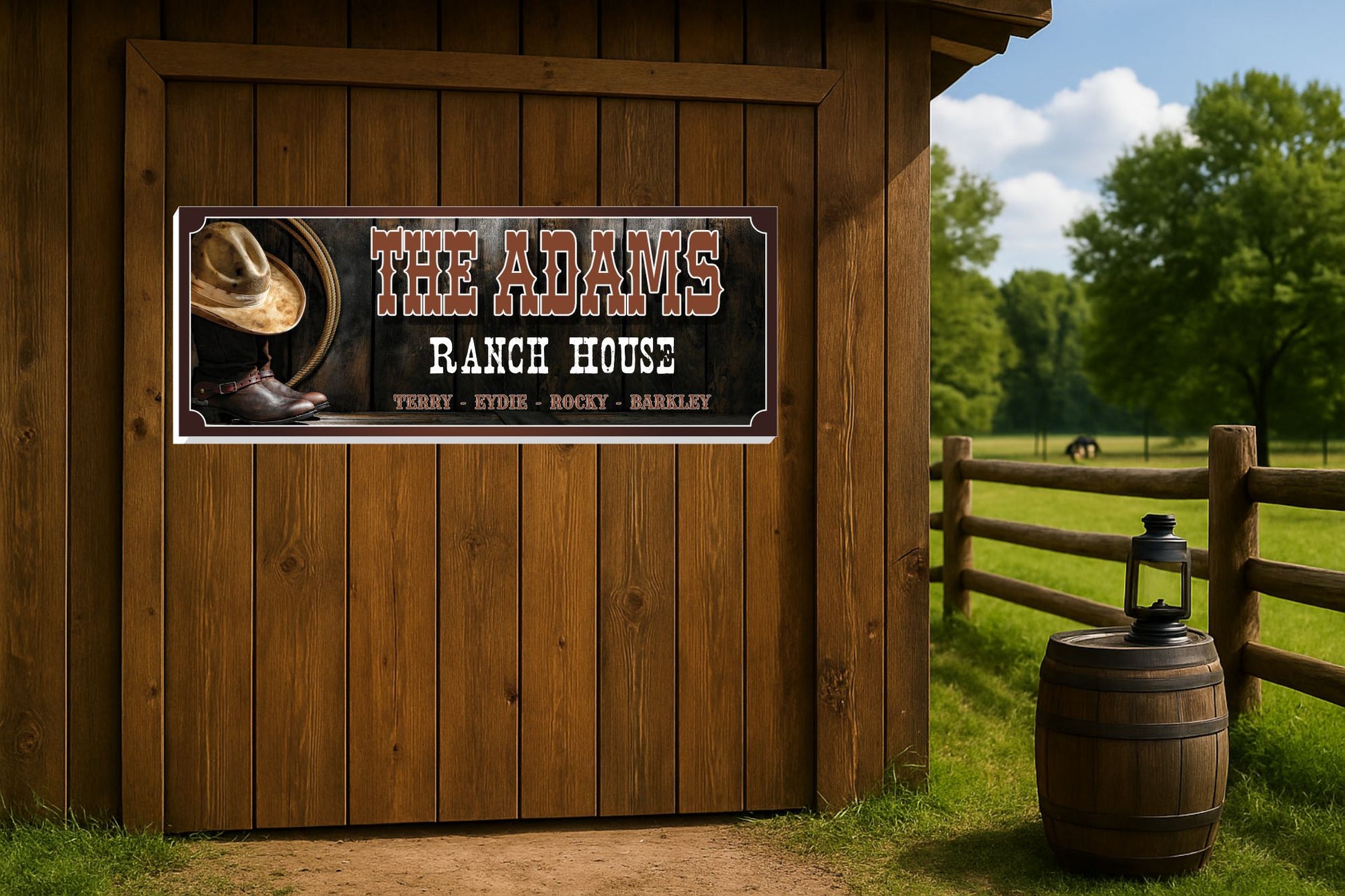 Personalized Western ranch sign mounted flat on a wooden wall with cozy rustic decor
