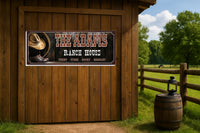 Personalized Western ranch sign mounted flat on a wooden wall with cozy rustic decor