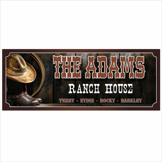 Personalized ranch house sign with cowboy hat, boots, rope and rustic wood background