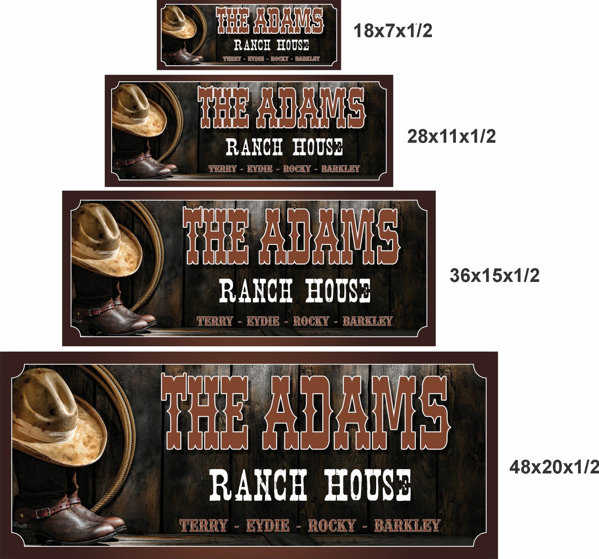 Size comparison showing four sizes of the personalized ranch house sign side by side