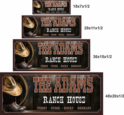 Size comparison showing four sizes of the personalized ranch house sign side by side