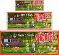 Personalized RV campsite sign featuring a cartoon couple, RV, bicycle, picnic table, campfire, and Adirondack chairs with editable text