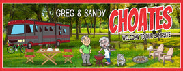 Personalized RV campsite sign featuring a cartoon couple, RV, bicycle, picnic table, campfire, and Adirondack chairs with editable text