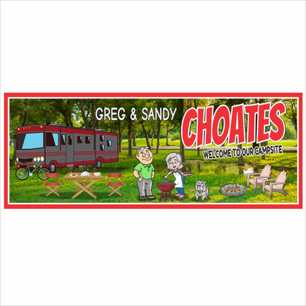 Personalized RV campsite sign featuring a cartoon couple, RV, bicycle, picnic table, campfire, and Adirondack chairs with editable text
