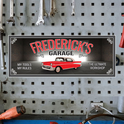 Personalized classic car garage sign with the phrase 'My Rules, My Tools,' featuring editable tex