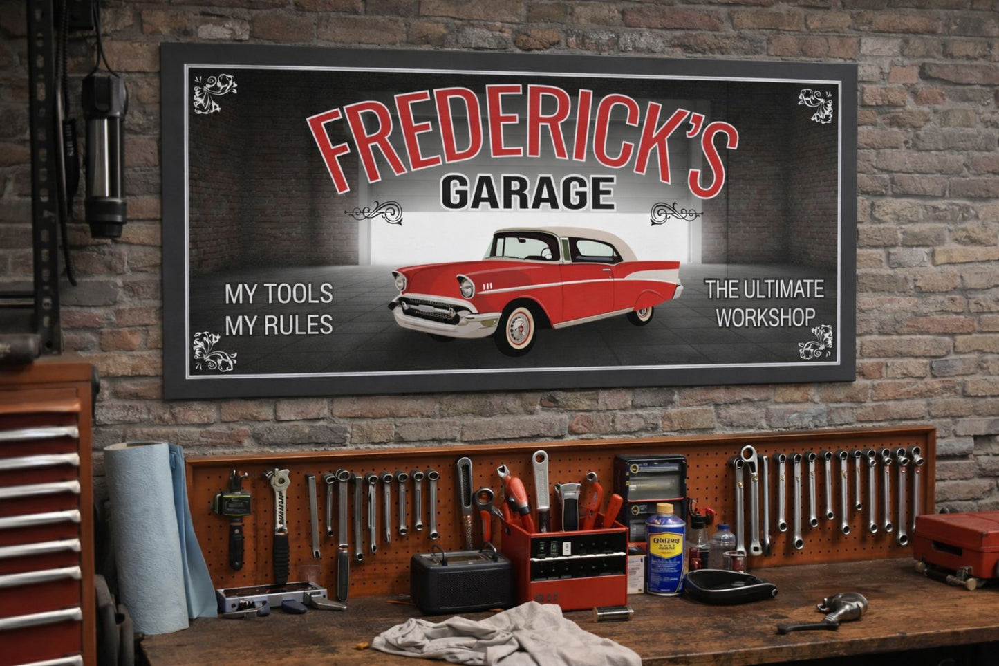 Custom classic car garage wall sign displayed above tool bench in workshop