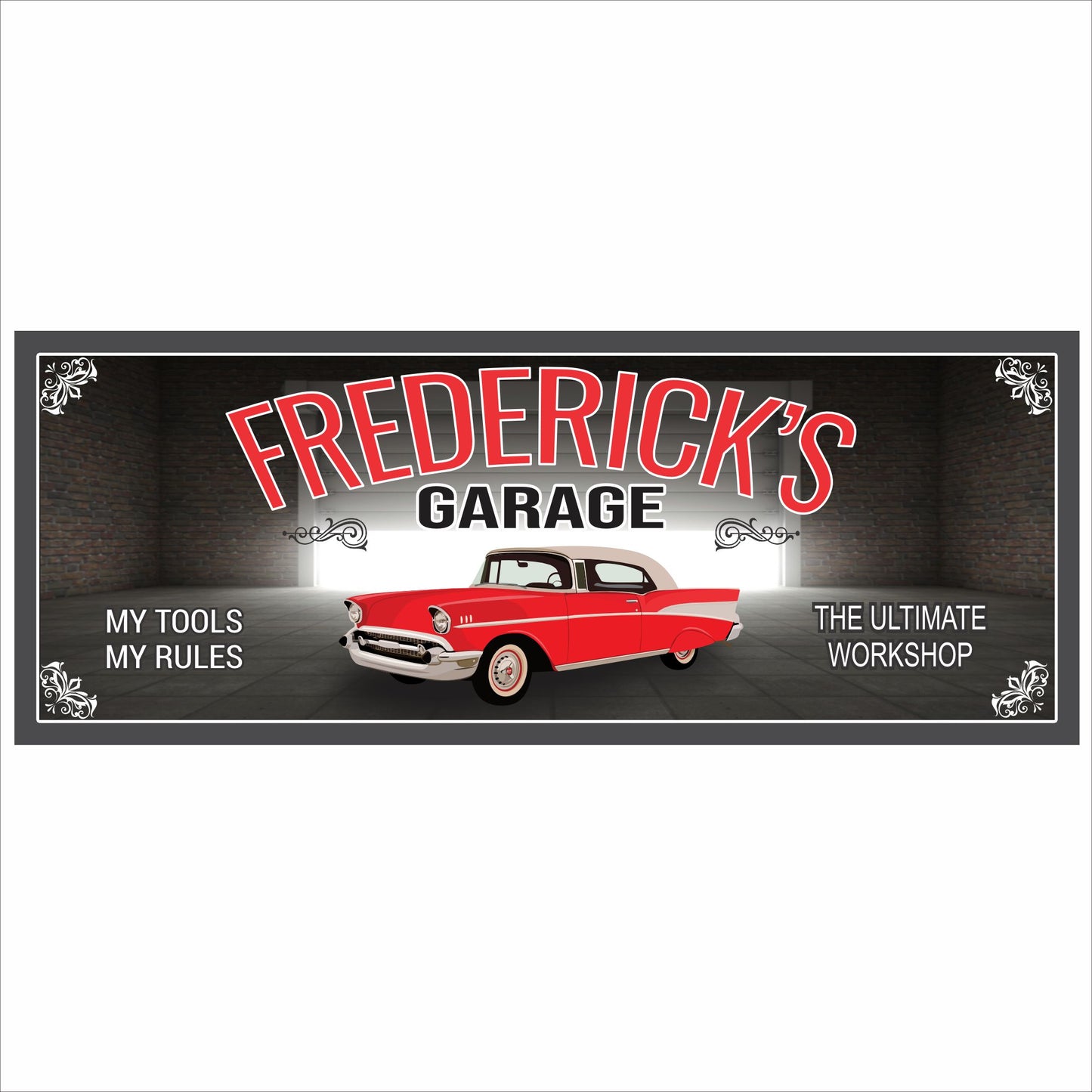 Personalized classic car garage sign with red vintage car and custom garage name