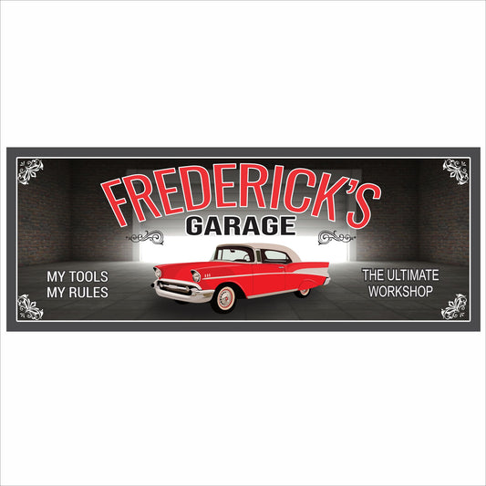 Personalized classic car garage sign with red vintage car and custom garage name