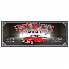 Personalized classic car garage sign with the phrase 'My Rules, My Tools,' featuring editable tex